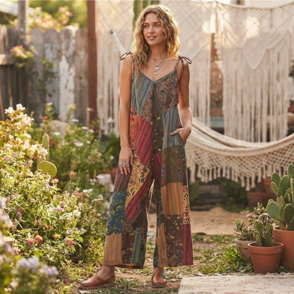 Kathmandu Imports Nepal Patchwork Cotton Jumpsuit Tie Strap Boho Festival EUC OS